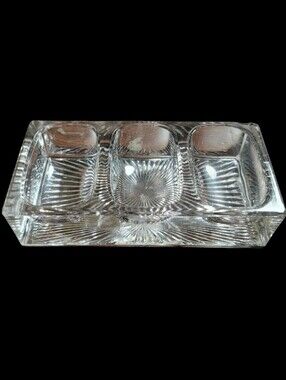 Vintage Heavy Glass Triple Compartment Starburst Patter Salt Cellar Salt Dip